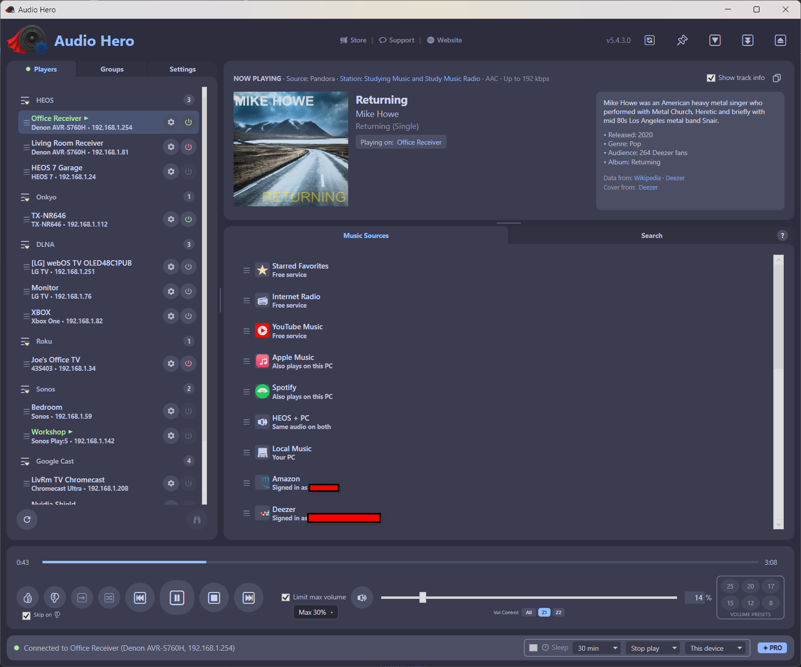 Audio Hero full view showing the Players list, Now Playing panel, and music sources